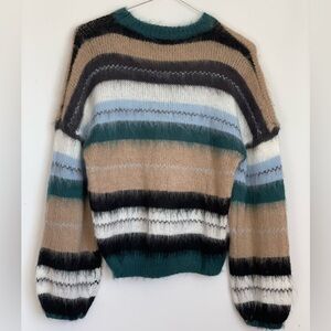 Cozy Loose Fit Fuzzy Stripped Sweater Size Small